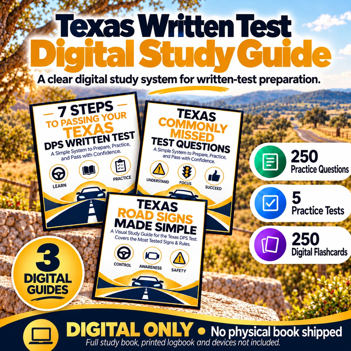 Texas Driver Written Test Digital Guide with three digital resource guides, 250 practice questions, five practice tests and 250 digital flashcards; digital only.