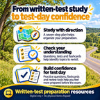 Written-test study benefits: a seven-step preparation plan, questions, tests and flashcards to check understanding and build test-day confidence.