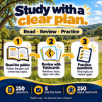 Written-test study routine: read the guides, review flashcards and practice questions, with 250 questions, five practice tests and 250 digital flashcards.