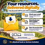 Digital resource delivery: check your checkout email, download three guides and open practice links; online tools require internet access, and no physical book or devices are included.